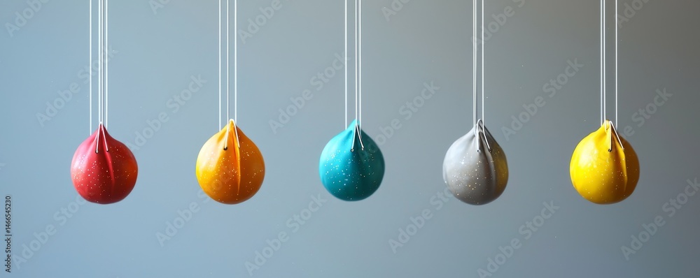 Poster a modern arrangement of colorful hanging objects in a minimalist setting.