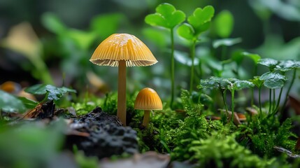 Fototapeta premium Forest Floor Mushrooms: Two yellow mushrooms amongst moss and lush greenery