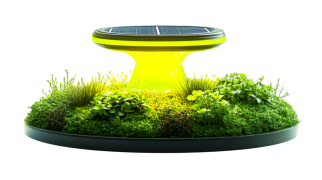 Solar powered plant display with moss and foliage garden, cut out transparent