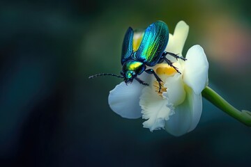 A vibrant iridescent beetle rests gracefully on a delicate white orchid blossom.