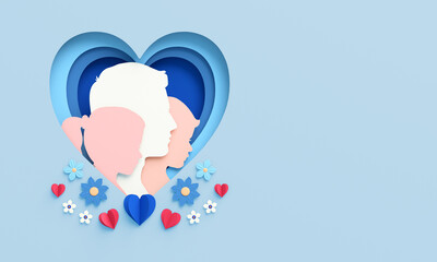 Happy Father's Day flyer template with dad and children silhouettes inside a heart and flowers on a background. Celebration banner in paper cut, greeting card with copy space in 3D illustration