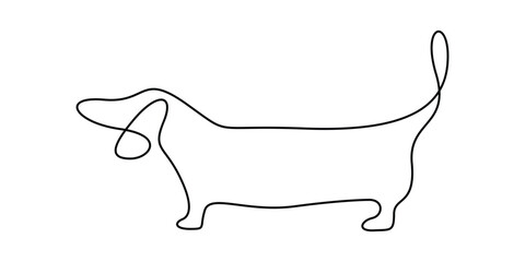 Continuous one line drawing of cute dachshund dog for logo identity. Purebred dog mascot concept for pedigree friendly pet icon. Modern single line draw design graphic vector illustration