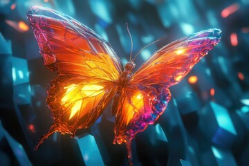 A vibrant, glass-like butterfly with glowing orange and pink wings soars amidst a teal crystalline background.