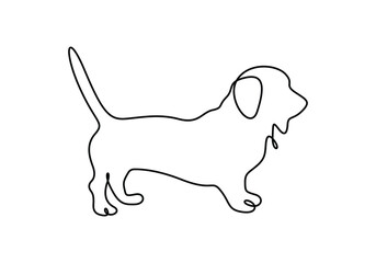 Continuous one line drawing of cute dachshund dog for logo identity. Purebred dog mascot concept for pedigree friendly pet icon. Modern single line draw design graphic vector illustration