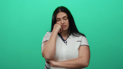 Woman standing against vibrant green background, wearing white shirt, and expressing thoughtful...
