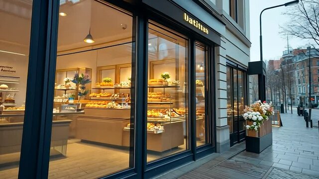 A bakery storefront features large glass windows displaying pastries on shelves, illuminated by warm interior lighting. Flower arrangements sit outside on the sidewalk, with a building facade visible