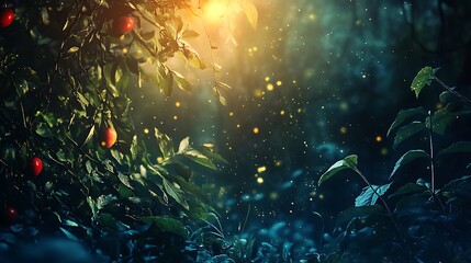 Apples in a dreamy, enchanted forest with ethereal light and magical sparkles.