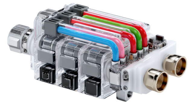 Industrial Tech: A detailed photograph shows a close-up of a complex industrial component, highlighting its intricate design, colored tubes, and connection capabilities.