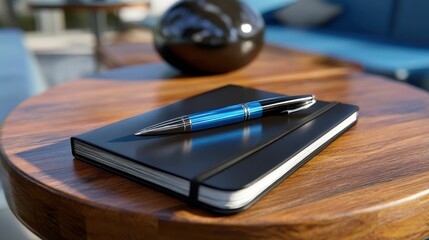Pristine Blue Wooden Table with Notebook and Pen Bathed in Soft Light for Elegant Workspace and Relaxing Atmosphere