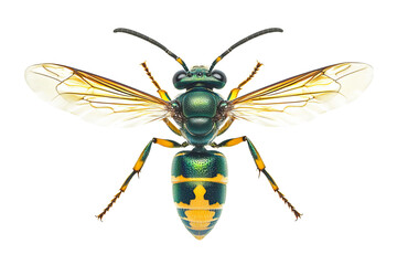 Fototapeta premium Close-up of a vibrant green and yellow insect on a transparent background.