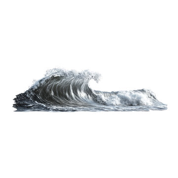 powerful ocean wave crashes dramatically, showcasing its frothy white crest and deep blue body, evoking sense of energy and movement in nature