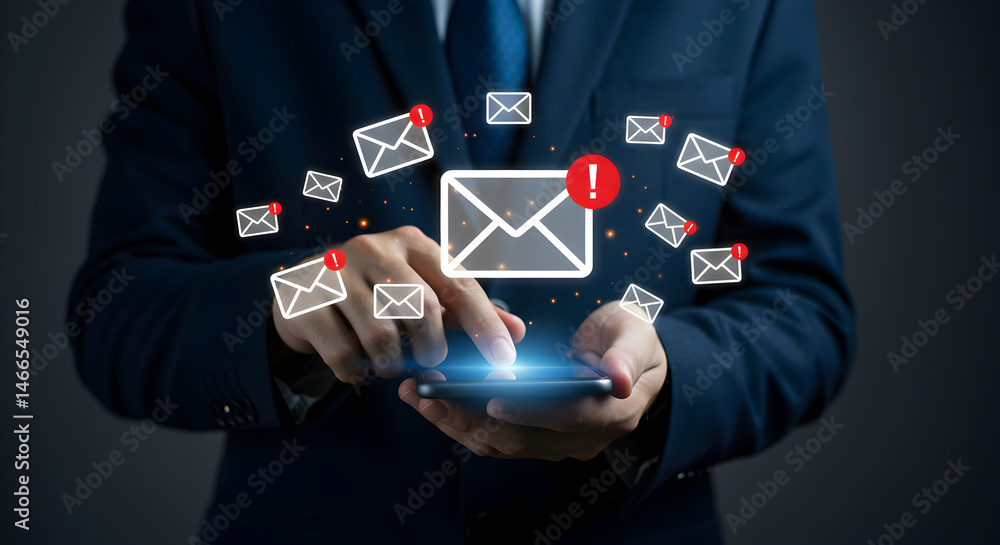 Poster man in dark suit using smartphone surrounded by email icons representing digital overload