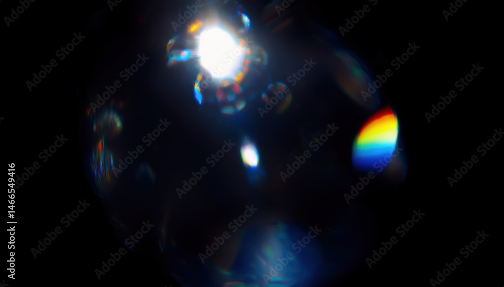 Poster ethereal lens flare with spectral bursts on black background for sci-fi design, digital art, print p