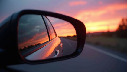 Obraz premium Sunset Reflection in Car Mirror on Open Road 