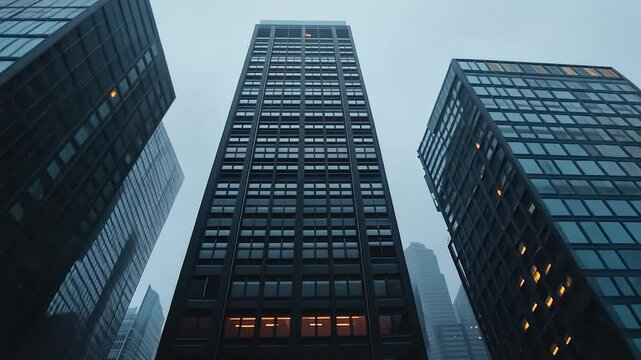 Low angle shot of tall generic buildings with a neutral, overcast sky above. The architecture features straight lines, grid-like windows, and geometric shapes, creating an urban skyline with depth