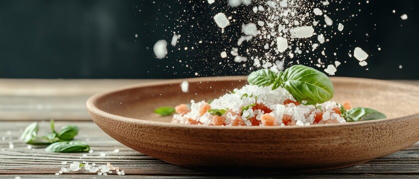 Food preparation. Wooden bowl with diced food and basil. Parmesan cheese falling. Dark background and wooden table. Restaurant concept - Powered by Adobe