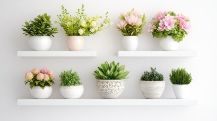 Chic interior design of a light living room, grey furniture, floating shelves, and fresh potted plants