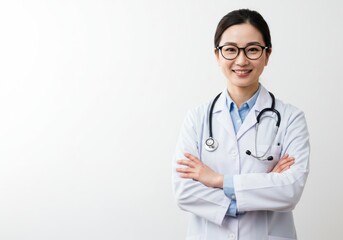 Fototapeta premium Portrait of a smiling woman doctor with stethoscope and glasses isolated on white background