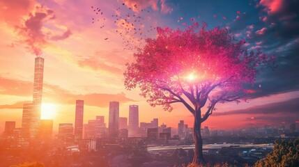 Futuristic glowing tree sprouting over a modern cityscape symbolizing digital growth and connectivity