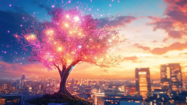 Futuristic glowing tree sprouting over a modern cityscape symbolizing digital growth and connectivity