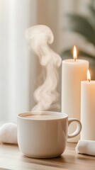 White cup with steam rises near candles and towels. Warm drink on wooden surface. Light shines through window. Relaxing atmosphere
