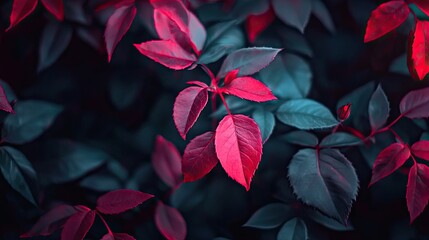 Close-up view of vibrant red-purple leaves on dark foliage.