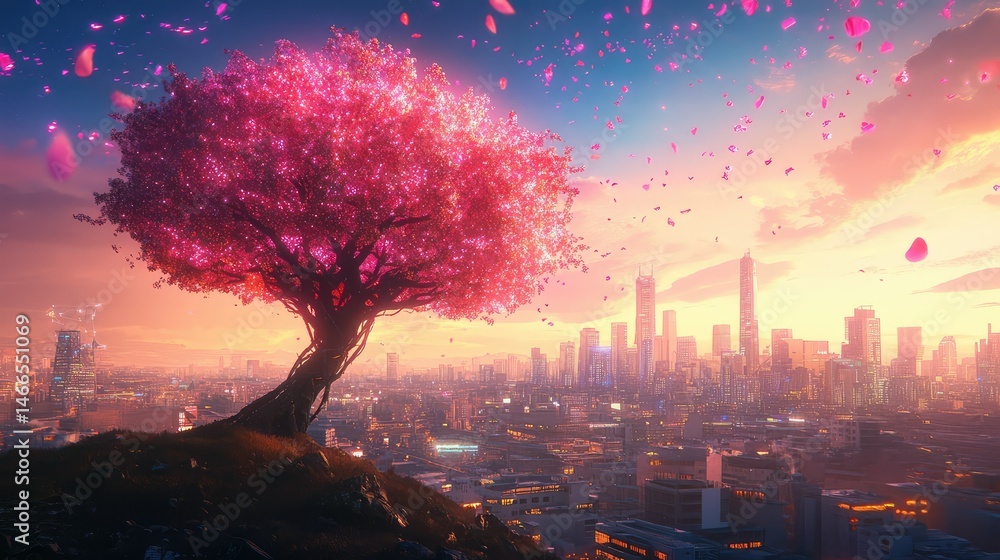 Poster neon-lit tree symbolizing digital connectivity rising over a dense futuristic cityscape in a studio 