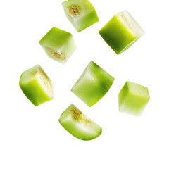  Thin Slices or Cubes of Honeydew Appearing to Float on Transparent Background