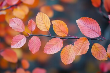 Obraz premium A close up shot of a branch with colorful autumn leaves in shades of orange and red on a blurred background