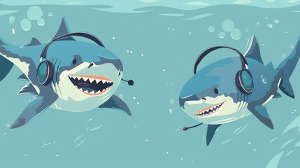 Cartoon Sharks Wearing Headsets Conversing Underwater in a Fun Graphic Style Illustration