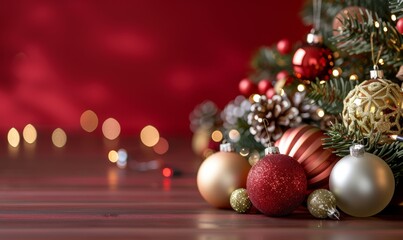 Obraz premium Festive Christmas Decorations on Dark Red Background with Gold Accents and Copy Space