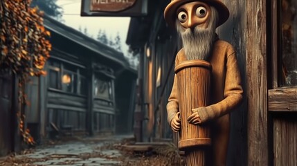 Cartoonish Old Man Character Hugging Wooden Keg in Rustic Village with Autumn Leaves on Ground