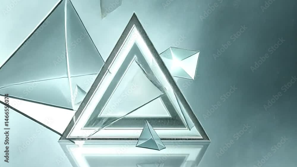 Poster captivating modern abstract design featuring glowing geometric shapes, including reflective triangle