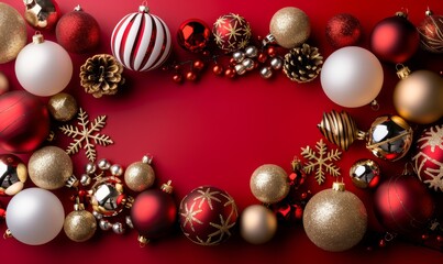 Festive Christmas Decorations on Dark Red Background with Gold Accents and Copy Space