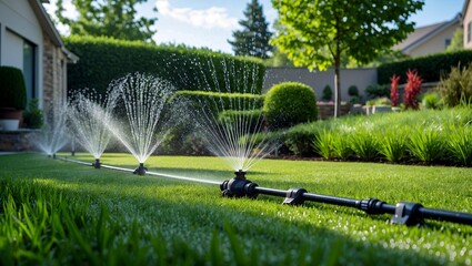 Automatic sprinkler system enhancing vibrant garden lawn