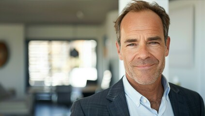 Obraz premium Confident Middle Aged Man in Gray Jacket with Light Blue Shirt Smiling Inside Home