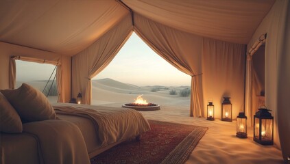 Desert Canvas Bedouin Tent Campfire Serenity Under Beige Fabric at Sunset Near Beige Sand Dunes