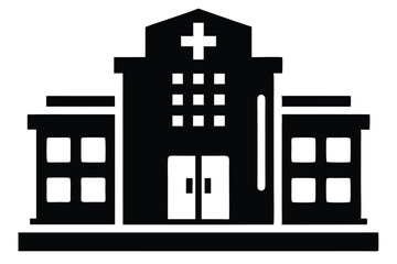 Fototapeta premium Black and white drawing showcases a hospital structure with visible windows and a plus sign