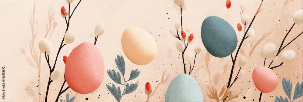 Poster floating eggs among delicate branches create a serene pastel illustration for springs arrival and fe