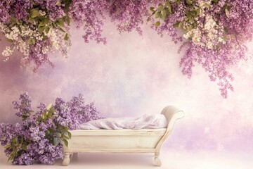 Dreamy Newborn Setting with Lilac Flowers and Vintage Bed in Soft Purple Light for Baby Photography