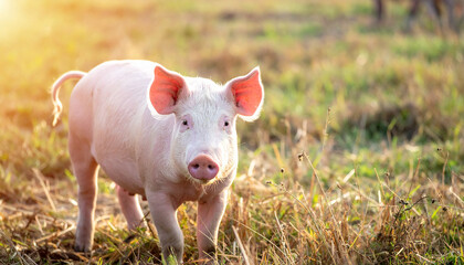 Young pink pig standing and looking at camera. Domestic animal. Farming concept.