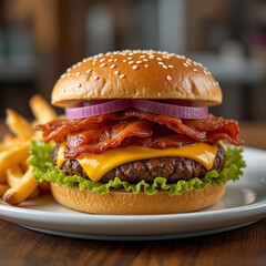 Close-up of a mouthwatering double bacon cheeseburger, piled high with bacon, melted cheese, fresh lettuce, and sliced onions.