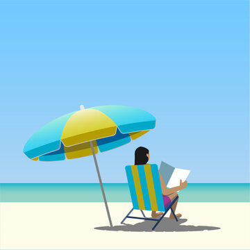 Relaxed person sitting on a beach and reading. Striped beach umbrella and sunbed, Vector Illustration 