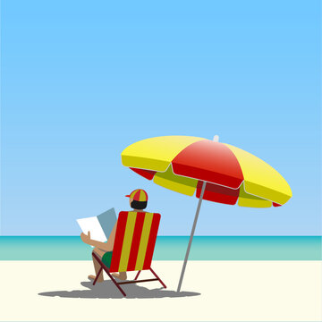 Relaxed person sitting on a beach and reading. Striped beach umbrella and sunbed, Vector Illustration 