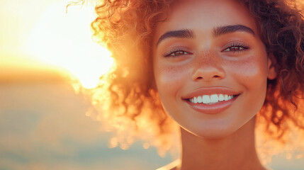 Fototapeta premium Radiant woman with flawless skin in soft focus warm golden hour lighting gentle smile minimalist background highlighting natural beauty skincare concept