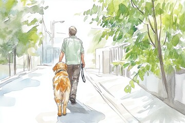 Golden Retriever Companion Stroll Watercolor Painting of Man and Canine Walking on a Sunny Path