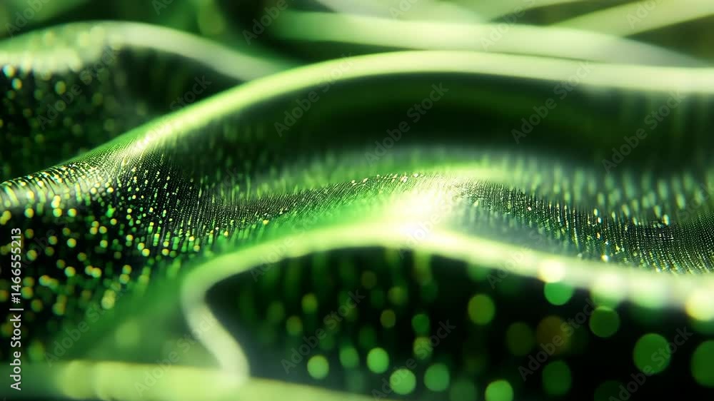 Poster flowing green fabric with shimmering particles mesmerizing texture of abstract waves