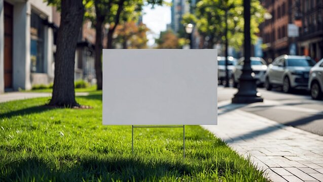 Blank yard sign on green grass by walking path