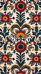 Vibrant floral pattern with geometric elements in red, green, and yellow