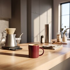 Morning Ritual Still Life with Burgundy Mug and Coffee Brewing on Wood Table in Bright Kitchen